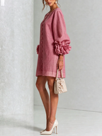 Brune | Robe courte en lin mélangé à manches bouffantes