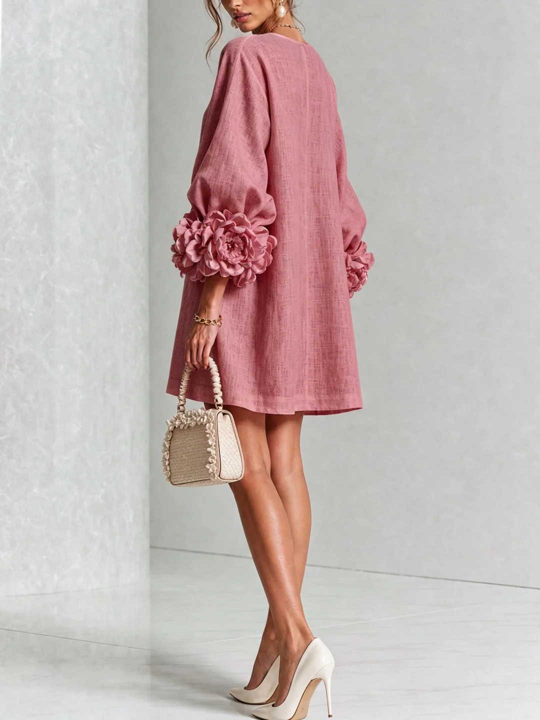 Brune | Robe courte en lin mélangé à manches bouffantes — Rose antique