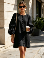 Brune | Robe courte en lin mélangé à manches bouffantes
