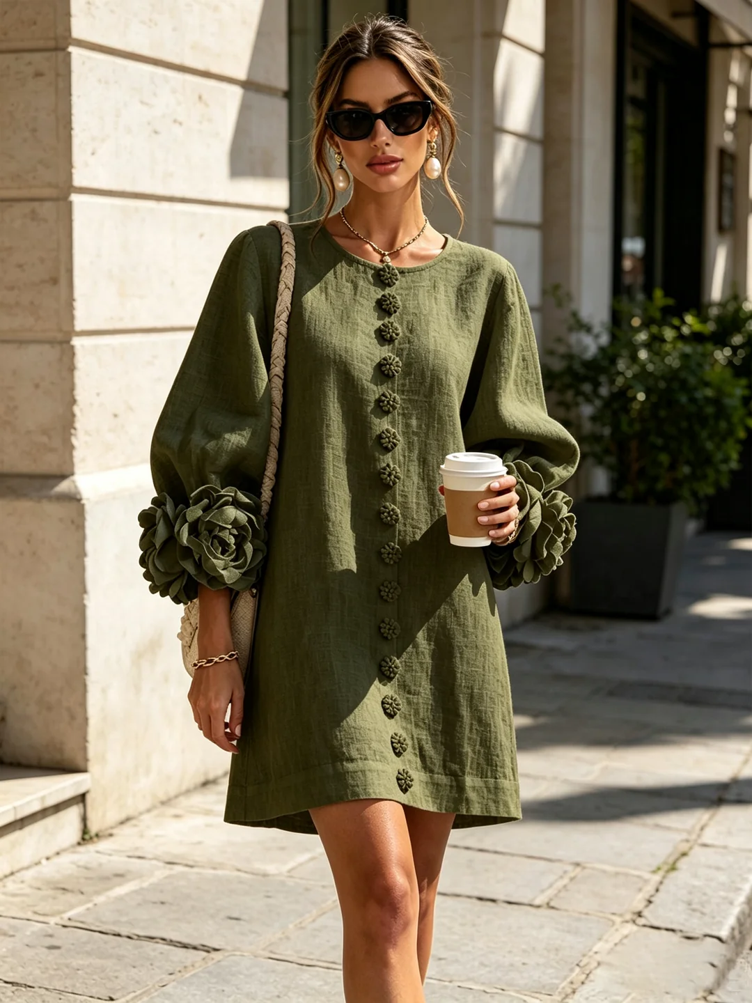Brune | Robe courte en lin mélangé à manches bouffantes — Vert olive