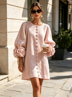 Brune | Robe courte en lin mélangé à manches bouffantes