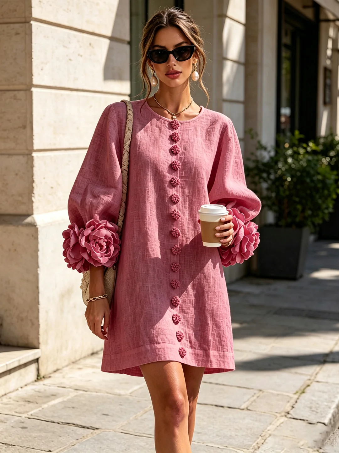 Brune | Robe courte en lin mélangé à manches bouffantes