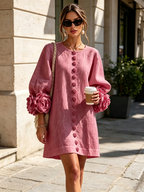 Brune | Robe courte en lin mélangé à manches bouffantes — Rose antique