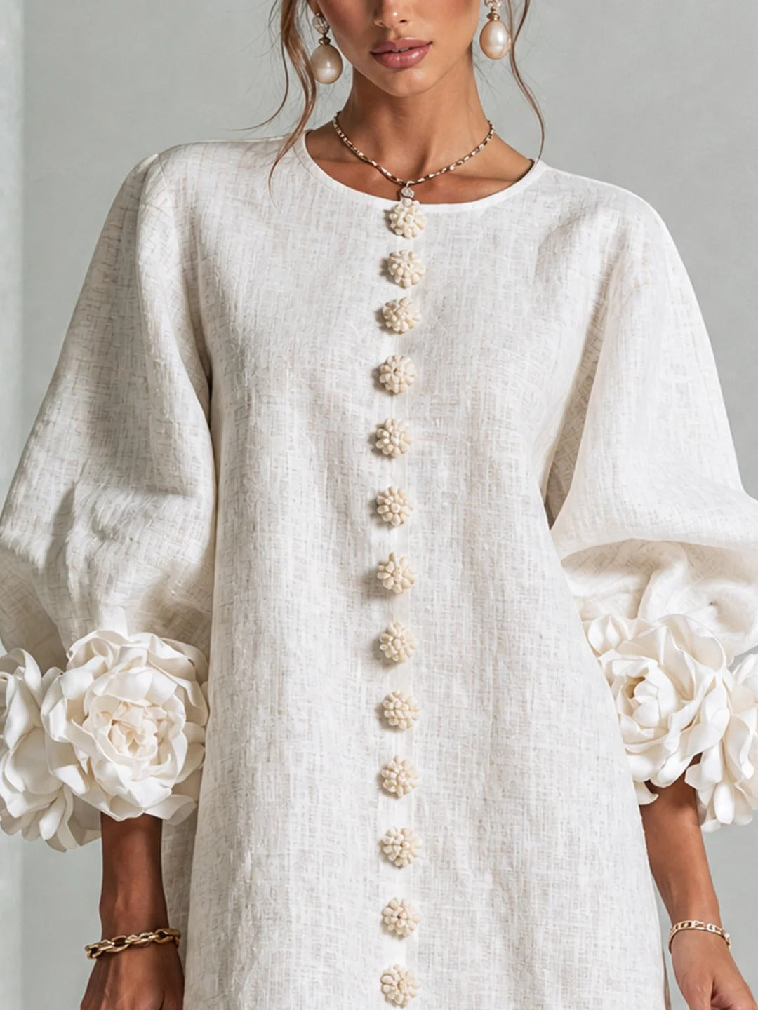 Brune | Robe courte en lin mélangé à manches bouffantes