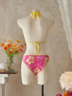 Hot Pink Tropical Halter 3-Piece Bikini Skirt Set