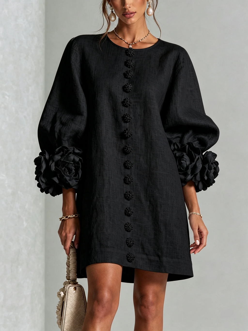 Brune | Robe courte en lin mélangé à manches bouffantes — Noir