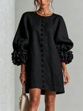 Brune | Robe courte en lin mélangé à manches bouffantes — Noir