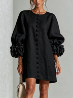 Brune | Robe courte en lin mélangé à manches bouffantes — Noir