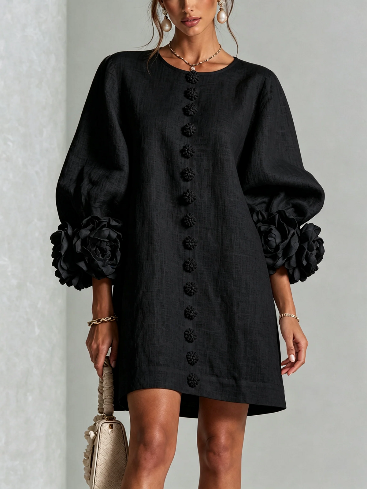 Brune | Robe courte en lin mélangé à manches bouffantes — Noir