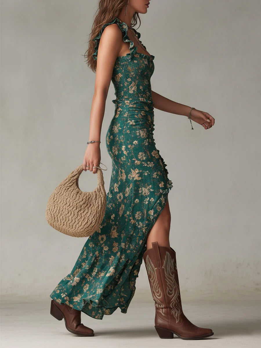 Zara™ | Vestido largo de estilo bohemio con fruncidos, estampado floral y abertura lateral