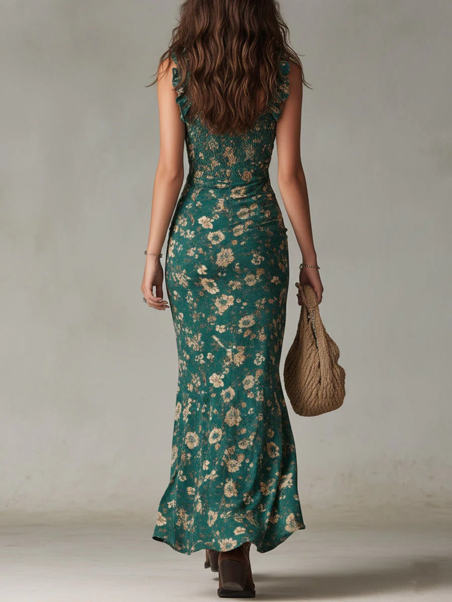 Zara™ | Vestido largo de estilo bohemio con fruncidos, estampado floral y abertura lateral
