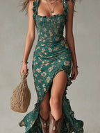 Zara™ | Vestido largo de estilo bohemio con fruncidos, estampado floral y abertura lateral